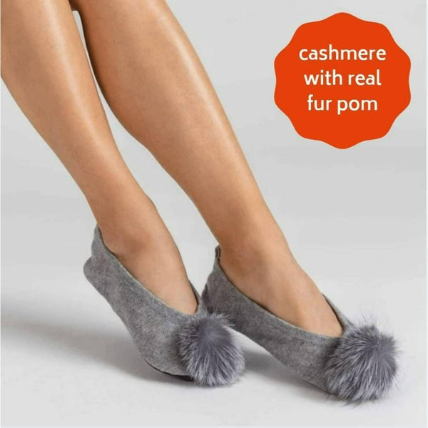 NWT Sofia Premium Cashmere Gray Real Fur Pom Ballet Slipper in Gray, Size 9-11 Sofia Cashmere 