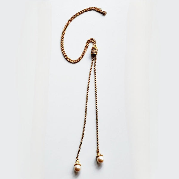 Vintage Gold Tone Bolero Necklace w/ Faux Pearl & Aurora Borealis Rhinestones Vintage 