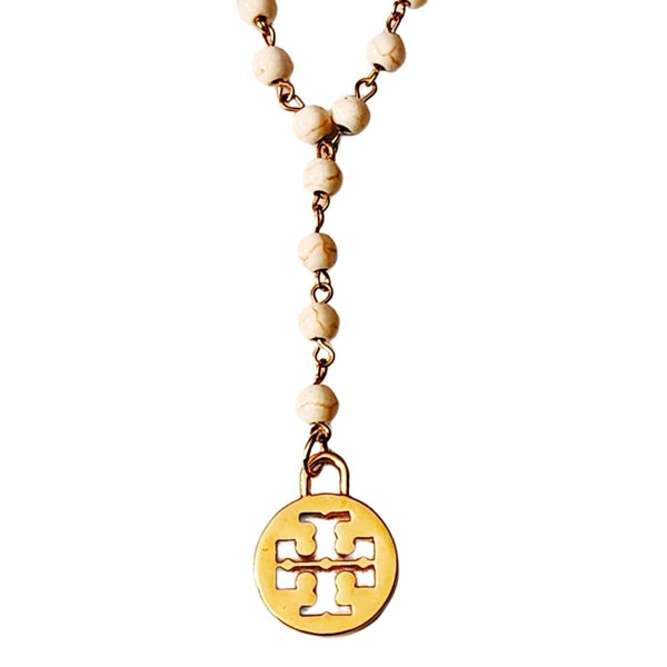 Tory Burch Dust Bag Charm on White Beaded Adjustable Lariat Necklace Upcycled Gemz 