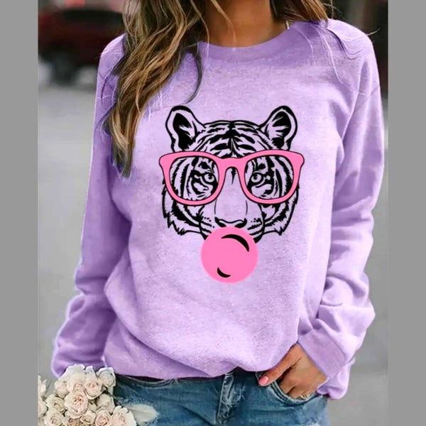 Purple Tiger in Pink Glasses Round Neck Sweatshirt w/Fleece Lining Glam Girl Fashion 