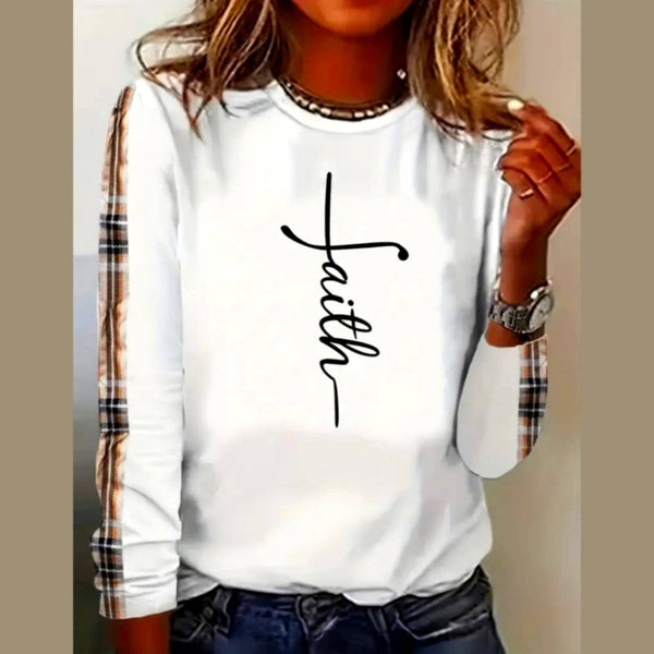 * 2 FOR $49 * Faith Long Sleeve Scoop Neck Top in White/Plaid Glam Girl Fashion 