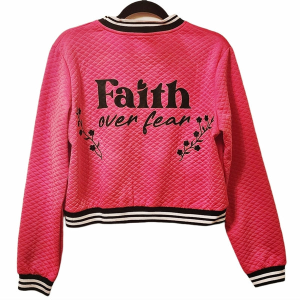 Faith Over Fear Pink Quilted Zip Jacket w/Black & White Cuffs / Collar, Size XL Coats & Jackets Glam Girl Fashion 