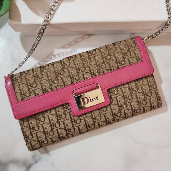 Authentic Christian Dior Long Wallet in Trotter Monogram Canvas & Pink w/Chain WOC Pre-loved Dior 