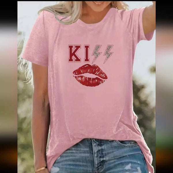 Kiss Lip Pink Short Sleeve T-Shirt Tees Glam Girl Fashion 