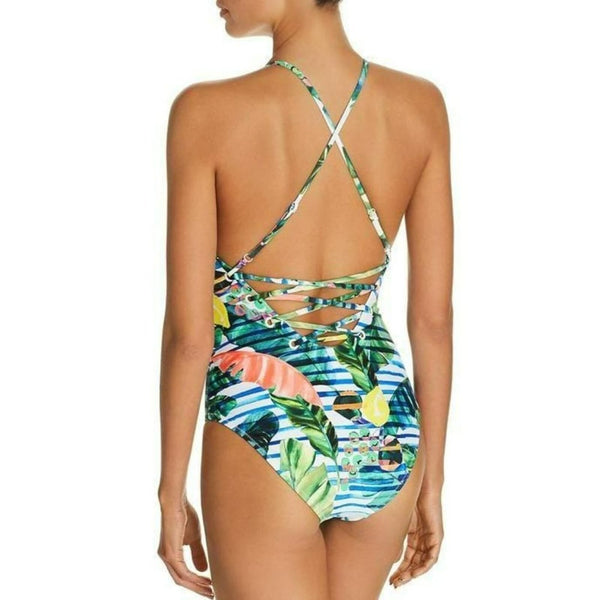 Red Carter Tropical Print Cross-Back One Piece, Size XS Red Carter 