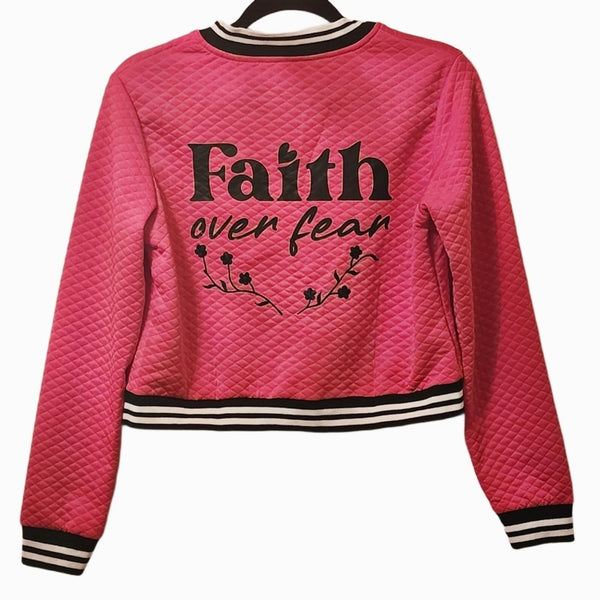 Faith Over Fear Pink Quilted Zip Jacket w/Black & White Cuffs / Collar, Size S Coats & Jackets Glam Girl Fashion 