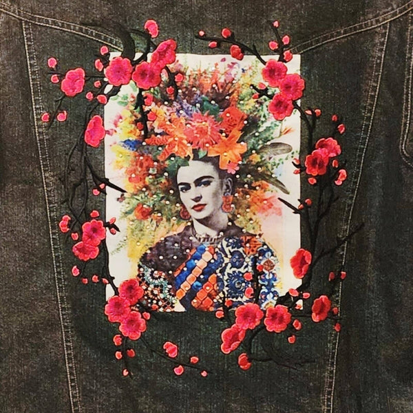 Vintage Marvin Richards Faux Fur Lined Jean Jacket Embellished w/Robust Frida Kahlo Back Design Coats & Jackets Pre-loved Marvin Richards 