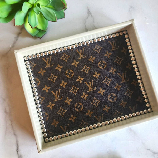 Vegan Leather Catchall Tray Adorned with LV Canvas with Stud Detail Catch All Tray Upcycled Gemz 
