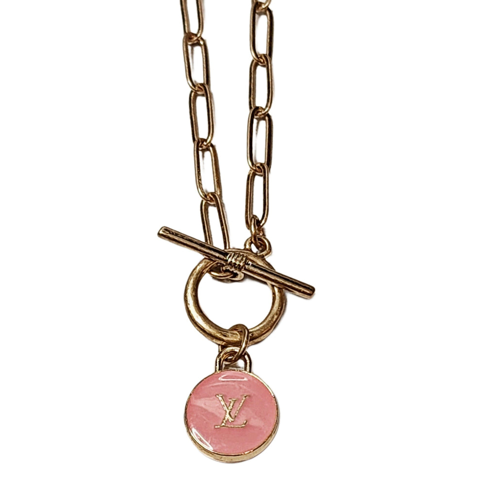 Upcycled Designer LV Zipper Charm on Front Toggle 20" Chain - Lt Pink Necklaces Upcycled Gemz 