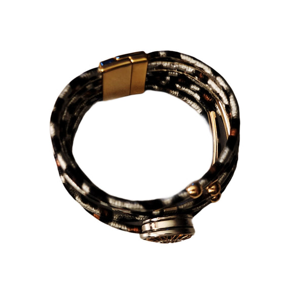 Designer Button Snap Charm Multi-Strand Magnetic Clasp Bracelet Cuff - Blk/Gry/Gld Bracelets Upcycled Gemz 