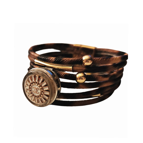 Designer Button Snap Charm Multi-Strand Magnetic Clasp Bracelet Cuff - Brn/Tan/Gld Bracelets Upcycled Gemz 