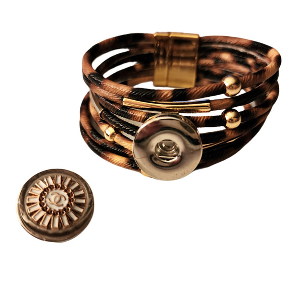 Designer Button Snap Charm Multi-Strand Magnetic Clasp Bracelet Cuff - Brn/Tan/Gld Bracelets Upcycled Gemz 