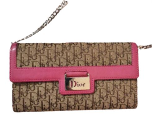 Authentic Christian Dior Long Wallet in Trotter Monogram Canvas & Pink w/Chain WOC Pre-loved Dior 