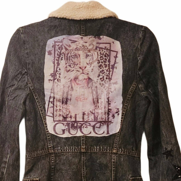 Vintage OTB Gucci Embellished Long Jean Jacket with Sherpa Details, Size Small Coats & Jackets Vintage 