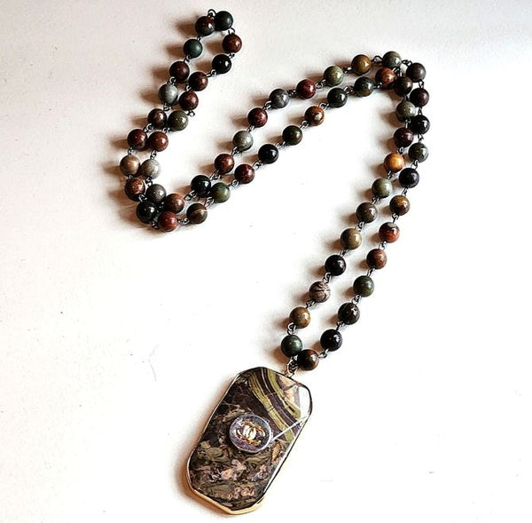 Vintage Designer Button Oversized Stone Pendant on Long Beaded Earth Tone Chain Necklaces Upcycled Gemz 