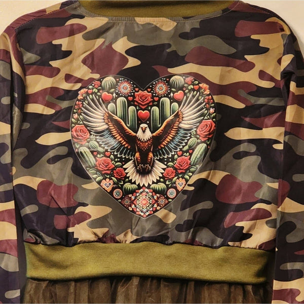Customized Peace Heart Zip Camo Bomber Jacket/Duster w/Layered Mesh, Women's Size 6 Jacket Glam Girl Fashion 
