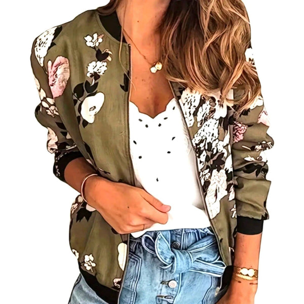 Army Green Floral Lightweight Bomber Jacket, Size 12 (XL) Glam Girl Fashion 