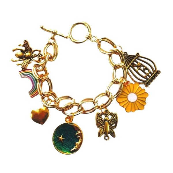 Multi-color Enamel 7pc Charm Bracelet or Handbag Charm in Gold Tone Bracelets Vintage 