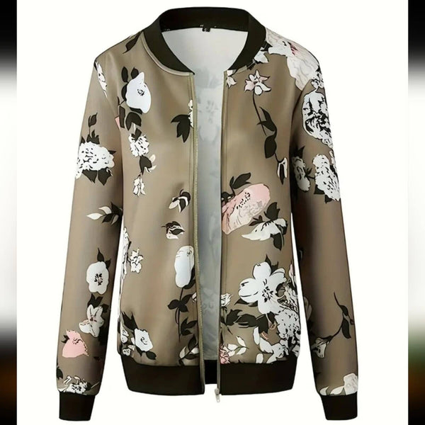 Army Green Floral Lightweight Bomber Jacket, Size 12 (XL) Glam Girl Fashion 
