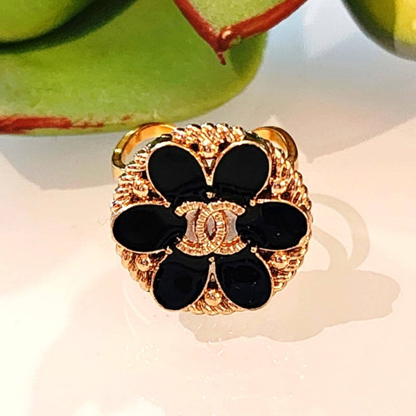 Designer Black/Gold Flower Button Ring on Adjustable Gold Plated Ring Base Rings Upcycled Gemz 