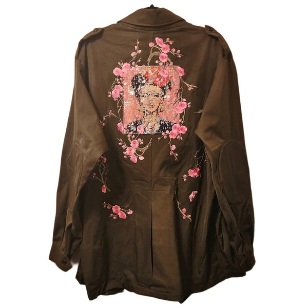 Vintage Denmark Military Field Jacket w/Custom Frida Kahlo Pink Sequin Patch, 4X Coats & Jackets Vintage 