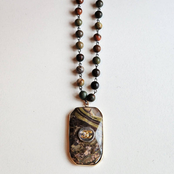 Vintage Designer Button Oversized Stone Pendant on Long Beaded Earth Tone Chain Necklaces Upcycled Gemz 