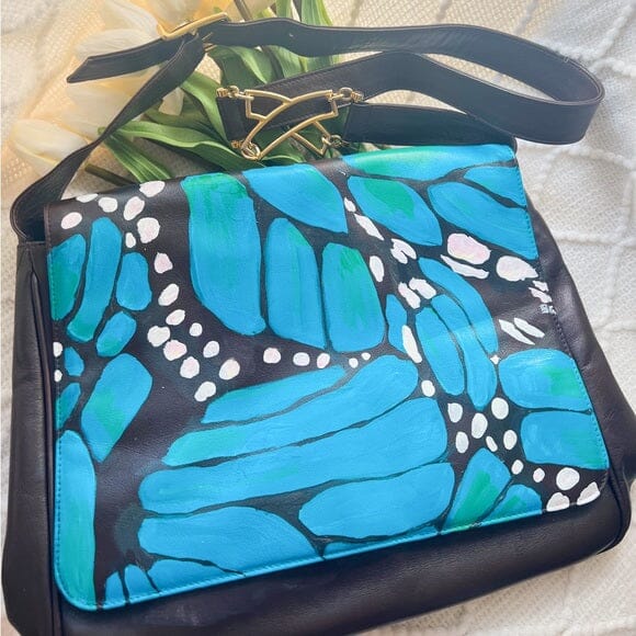Paloma Picasso Brown Front Flap Shoulder Bag Handpainted w/Large Butterflies Bags Paloma PIcasso 