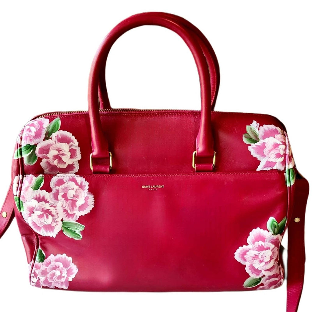 Authentic YSL Classic Baby Duffle in Red Leather w/Handpainted Flowers Upcycled Gemz 