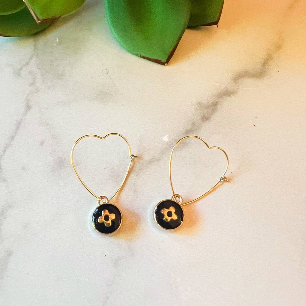 Authentic Black LV Charm on 14K Gold Filled Heart Shaped Hoop Earrings Upcycled Gemz 