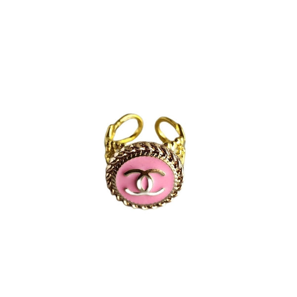 Pink & Gold Designer Button Adjustable Ring Rings Upcycled Gemz 