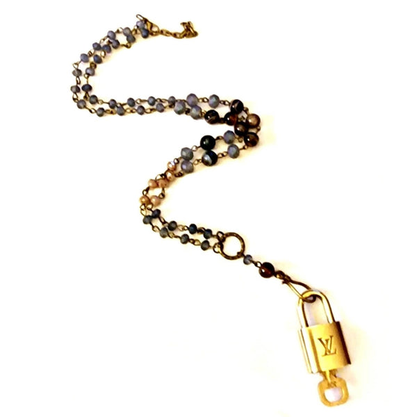 Authentic LV Lock & Key - Beaded Long Stone Necklace Upcycled Gemz 