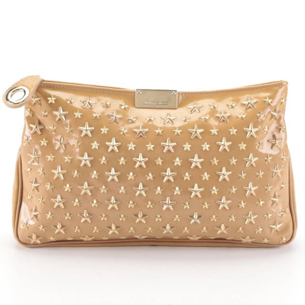 JIMMY CHOO Star Studded Tan Patent Leather Zip Clutch Pouch with Gold Lo… Jimmy Choo 
