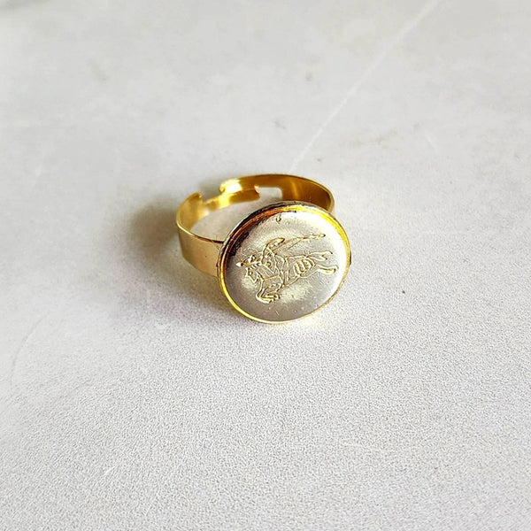 Two-Tone Designer Button on Adjustable Gold-Plated Ring Base Rings Upcycled Gemz 