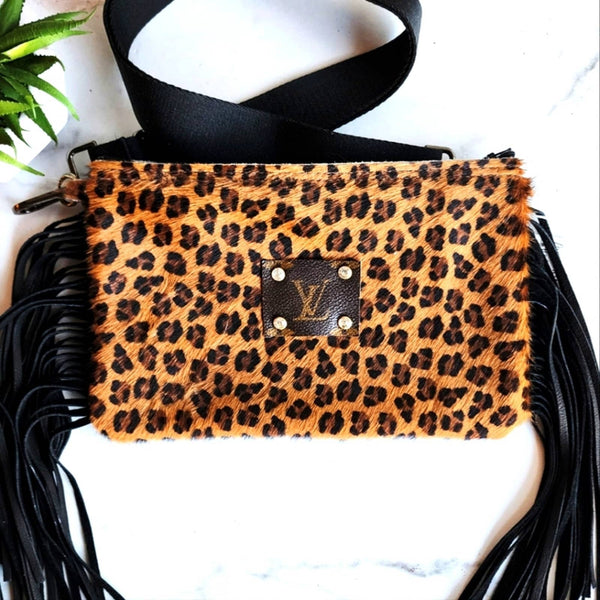 LV Monogram Patch on Hair on Hide Leopard Print Fringe Bag with Woven Crossbody Strap Upcycled Gemz 