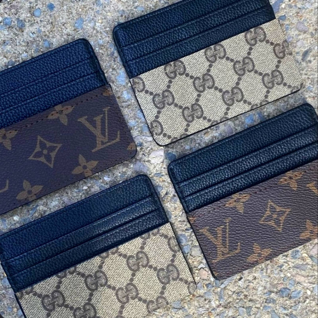 Double Sided Black Card Holder Adorned with Louis Vuitton Coated Canvas Upcycled Gemz 