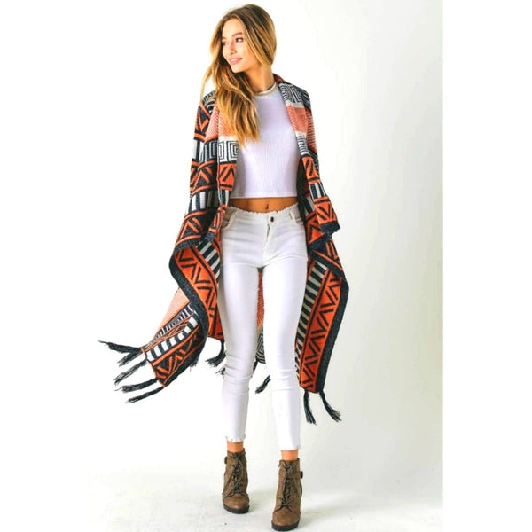NWT Charcoal & Rust Aztec Print Boho Tassel Assymetrical Sweater, Large Upcycled Designer Gemz 