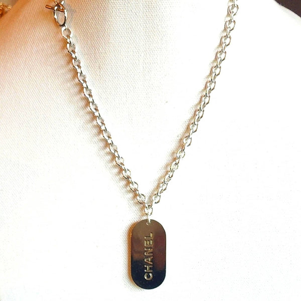 Authentic Designer Dog Tag with White Gold Filled Rollo Toggle Chain Upcycled Gemz 