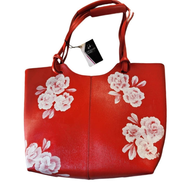 NWOT Neiman Marcus Vegan Lesther Red Tote Bag w/Handpainted White Flowers Neiman Marcus 