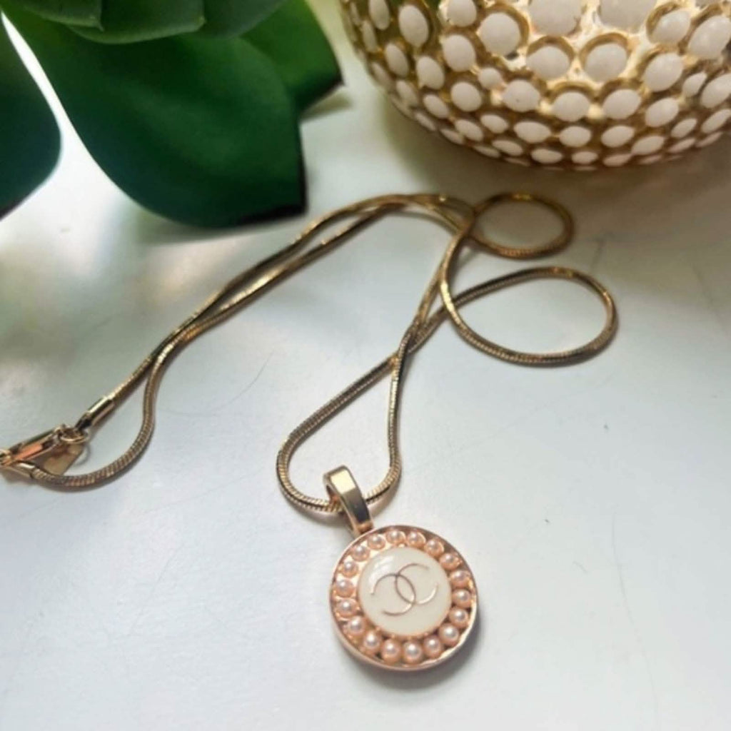 Authentic Designer Round White/Pearl Button Pendant on 18" Snake Chain Upcycled Gemz 