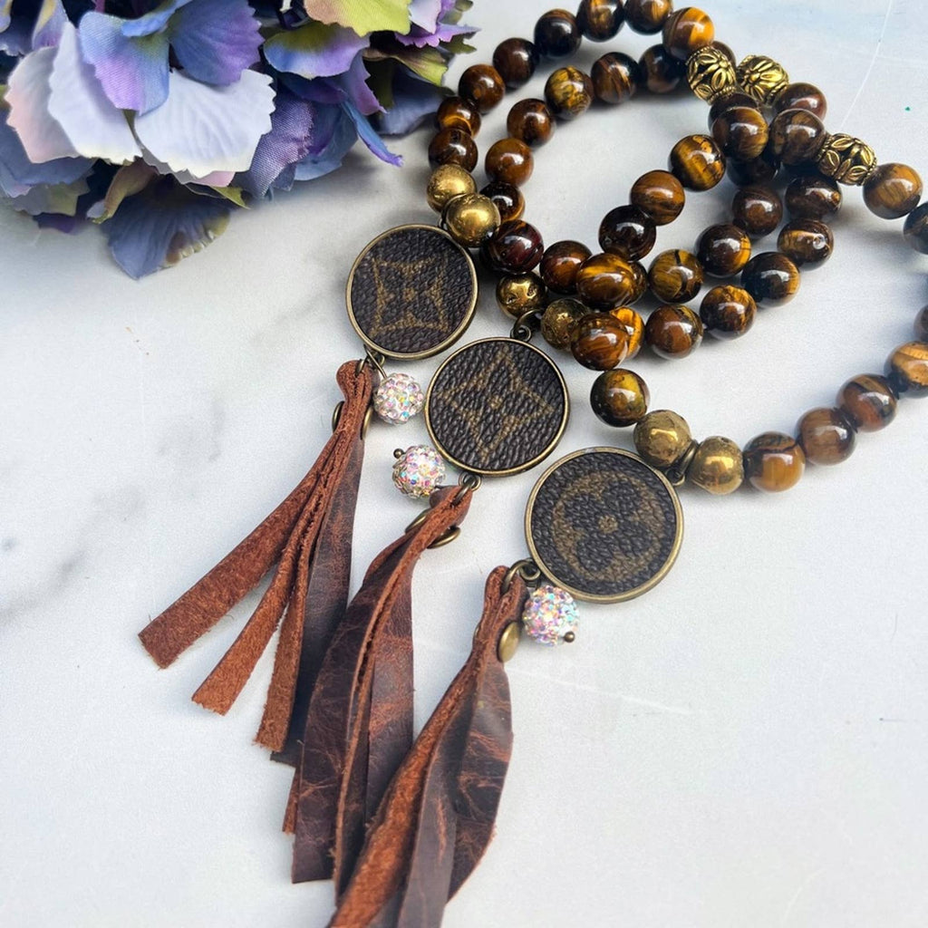 Hand Beaded Tiger Eye Stretchy Bracelet with Gold Pendant & Upcycled LV Charm Upcycled Gemz 
