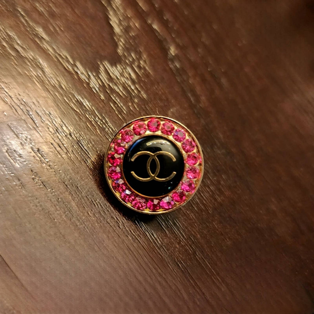 Repurposed Designer Button Brooch/Pin Hot Pink & Black Rhinestone Upcycled Gemz 