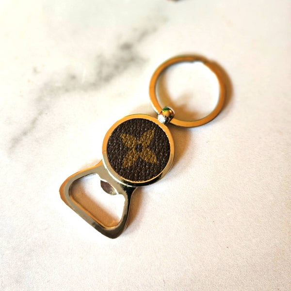 Keychain with Bottle Open, Adorned with Repurposed Louis Vuitton Monogram Canvas Upcycled Gemz 
