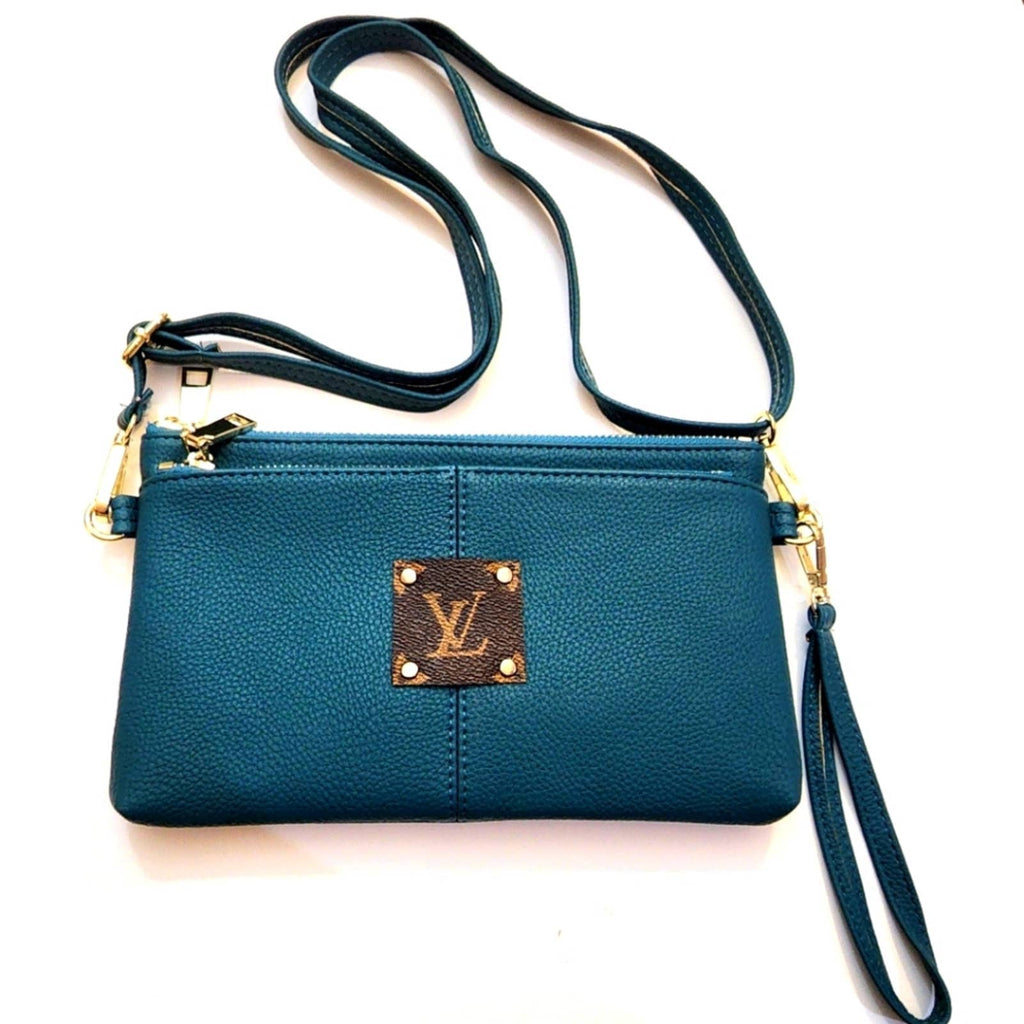 NWT 3-Zip Vegan Teal Clutch/Wristlet/Xbody with Repurposed LV Leather Pa… Upcycled Gemz 