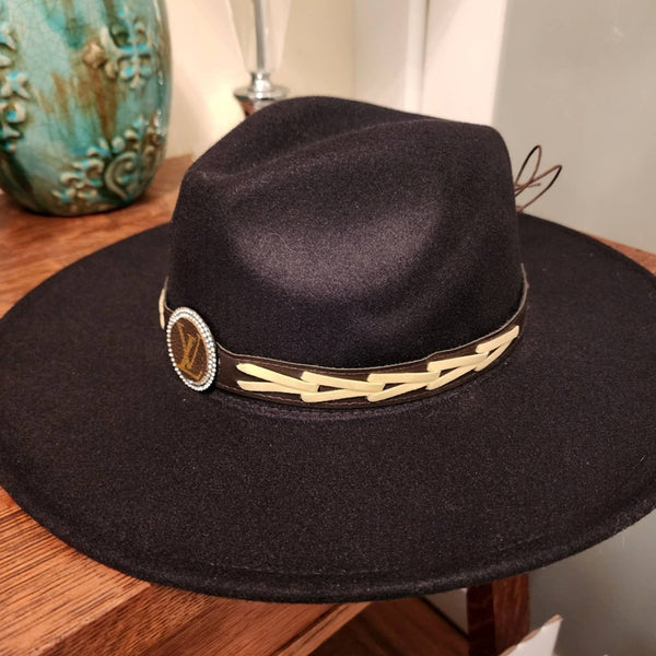 Wide Brim Black Hat w/Removable Band Adorned w/LV Repurposed Canvas Upcycled Gemz 