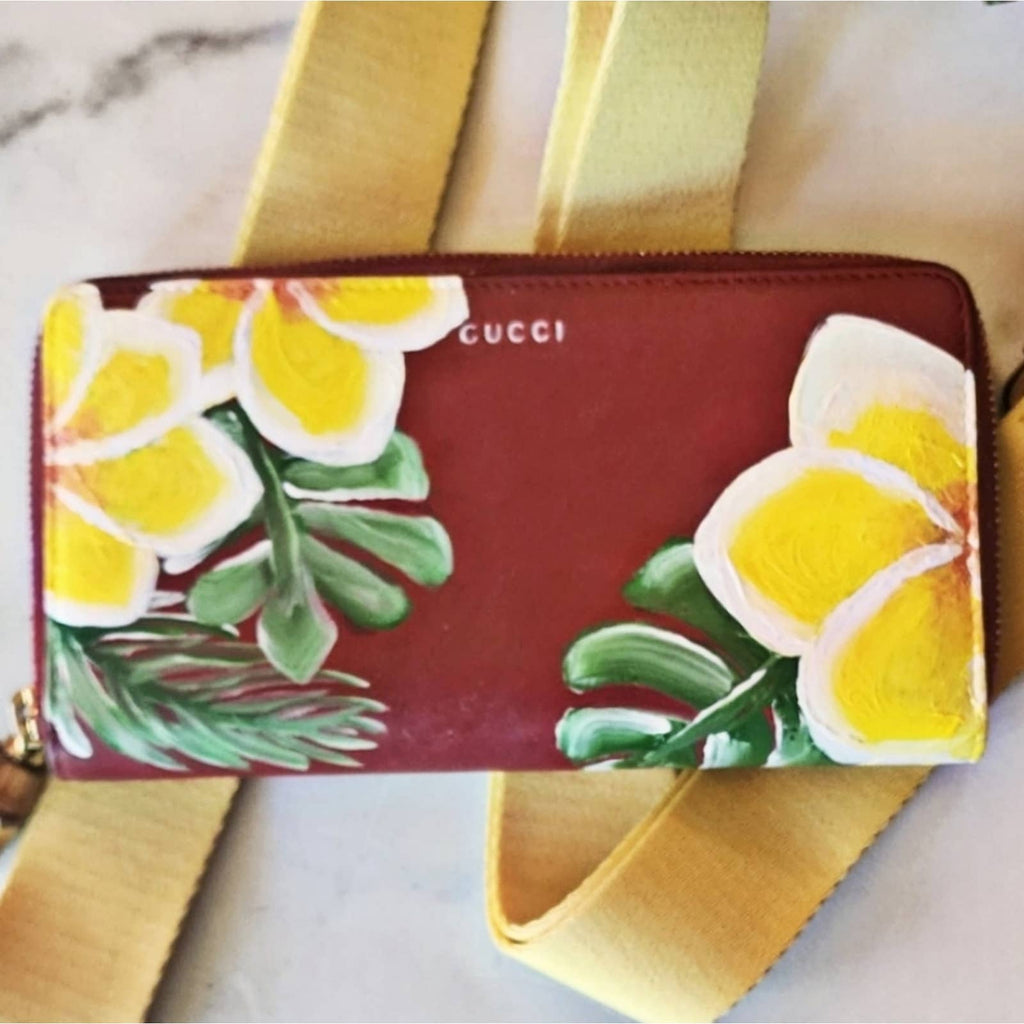 Authentic Handpainted Gucci "Hawaiian Flowers" Zip Around Bamboo Pull Wallet Gucci 