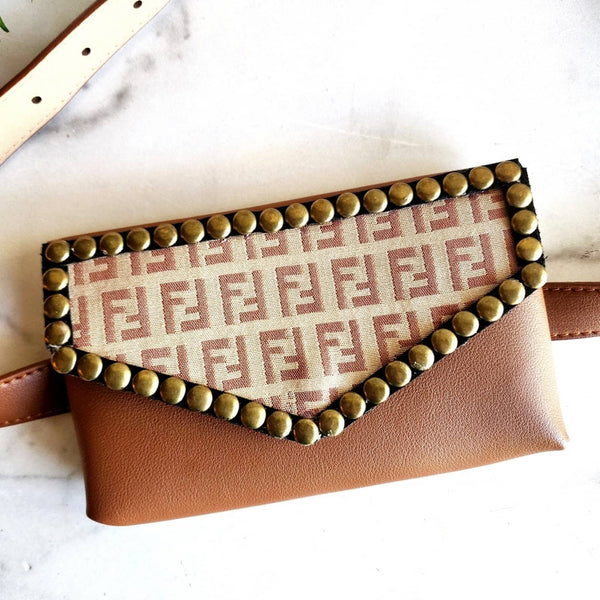 Waist/Bum Bag with Repurposed Fendi Handbag Fabric w/Stud Detail on Flap Upcycled Gemz 