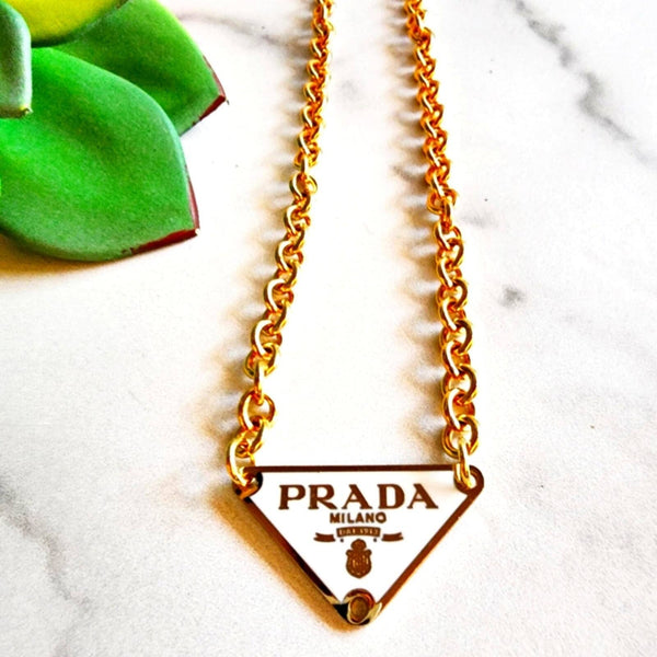 Designer White/Gold Triangle Charm Finding 24K GF Necklace Necklaces Upcycled Gemz 