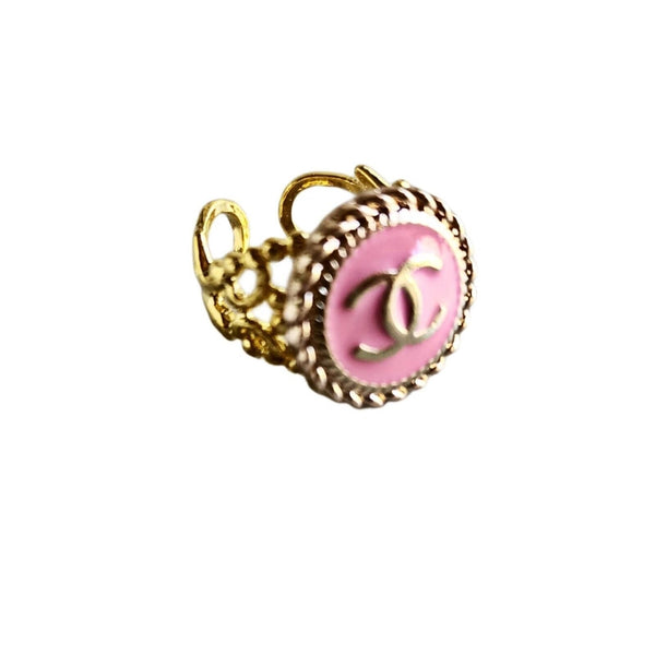 Pink & Gold Designer Button Adjustable Ring Rings Upcycled Gemz 