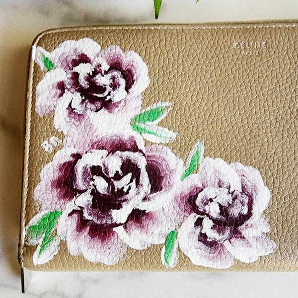 Authentic Celine Continental Zip Leather Wallet, Handpainted with Plum Roses Celine 