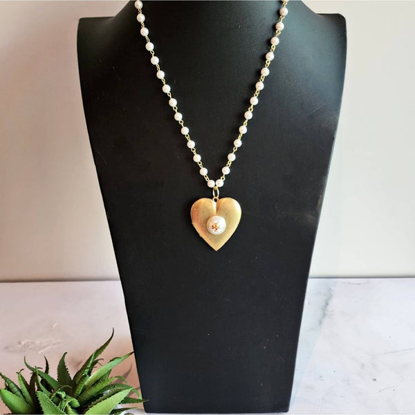 Authentic Heart Shaped Vintage Locket w/Designer Pearl/Gold Button, 18
